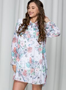 Rochie Miranda lejera cu pliuri si imprimeu floral roz