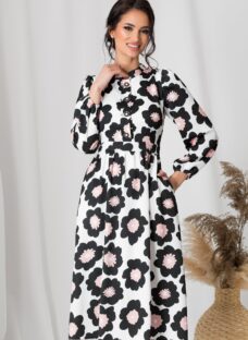 Rochie Moze alba cu imprimeu floral negru si roz