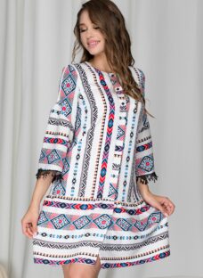 Rochie Moze alba cu imprimeu traditional