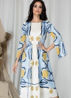 Rochie Moze alba eleganta cu imprimeu si maneci lungi