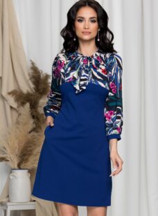 Rochie Moze albastra cu imprimeuri la bust si maneci
