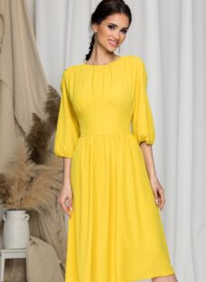 Rochie Moze galbena cu pliuri si elastic la baza manecilor