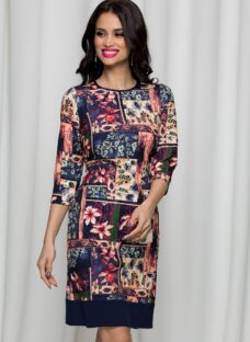 Rochie Moze indigo cu imprimeuri florale si maneci trei sferturi