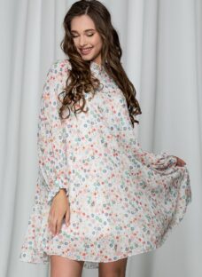 Rochie Oana ivory cu pliuri si maneci lungi