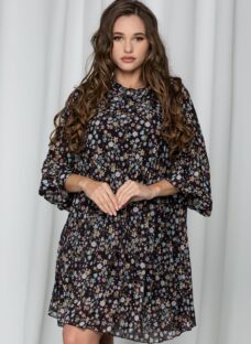 Rochie Oana neagra cu pliuri si maneci lungi