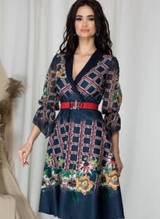 Rochie Olivia bleumarin cu carouri si flori
