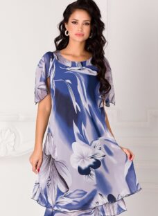 Rochie Raisa albastra vaporoasa cu imprimeu floral gri