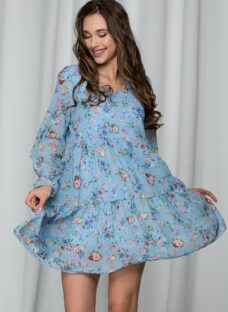 Rochie Rebeca bleu cu imprimeu floral si croi lejer