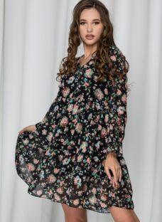Rochie Rebeca neagra cu imprimeu floral si croi lejer