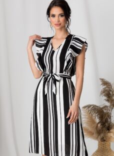Rochie Renata neagra cu dungi albe si cordon in talie
