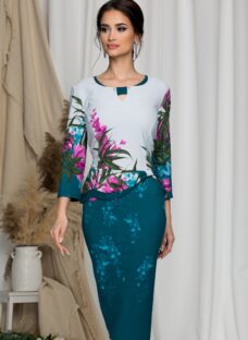 Rochie Rose gri cu peplum si detali turcoaz