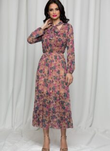 Rochie Ruxandra mov cu imprimeu floral si elastic in talie