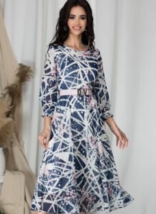 Rochie Sabrina bleumarin cu imprimeuri albe si roz