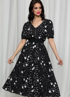 Rochie Sabrina neagra cu buline si banda elastica in talie