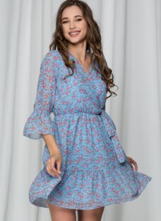 Rochie Samara bleu cu decolteu in V petrecut si imprimeu floral