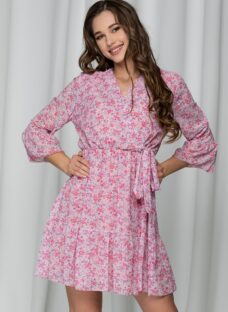 Rochie Samara roz cu decolteu in V petrecut si imprimeu floral