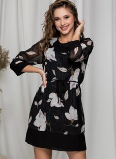 Rochie Selena neagra cu imprimeu floral si insertii din fir lurex