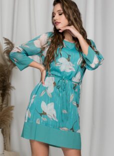 Rochie Selena turcoaz cu imprimeu floral si insertii din fir lurex