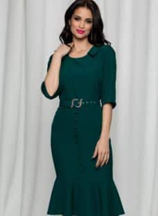Rochie Silvia verde cu nasturi decorativi si volan la baza