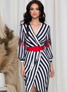 Rochie Sima cu dungi bleumarin si flori pe maneci