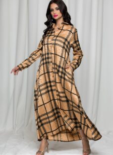 Rochie Sofia tip camasa maro cu imprimeu animal print si carouri