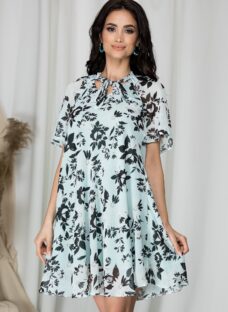 Rochie Sonia evazata verde mint cu flori negre