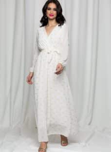 Rochie Sophie alba cu buline aurii si decolteu petrecut