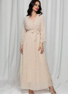 Rochie Sophie bej cu buline aurii si decolteu petrecut