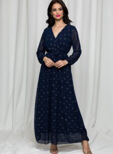 Rochie Sophie bleumarin cu buline aurii si decolteu petrecut