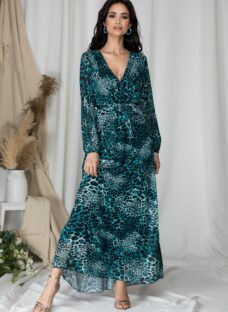 Rochie Sophie lunga cu imprimeu animal print turcoaz