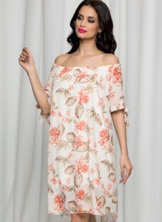 Rochie Sorana bej cu imprimeuri si decolteu elastic