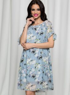 Rochie Sorana bleu cu imprimeuri florale si decolteu elastic