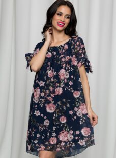 Rochie Sorana bleumarin cu imprimeuri florale roz si decolteu elastic