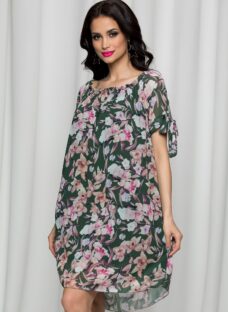 Rochie Sorana kaki cu imprimeuri florale si decolteu elastic