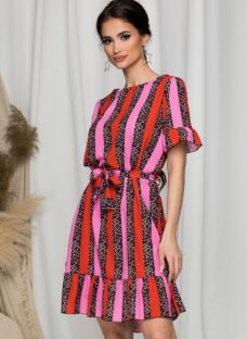 Rochie Stefania rosie cu dungi roz si animal print