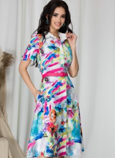 Rochie tip camasa Florina alba cu imprimeu floral