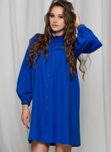 Rochie tip camasa Ilinca albastra cu broderie la bust si maneci