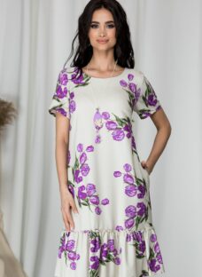 Rochie Vania bej cu imprimeu floral mov