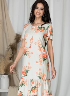 Rochie Vania bej cu imprimeu floral orange