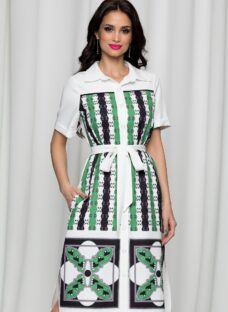 Rochie Vera alba tip camasa cu imprimeu si cordon in talie