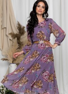 Rochie Vera lila cu imprimeuri florale maro