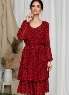 Rochie Vera rosie cu animal print si volane pe fusta