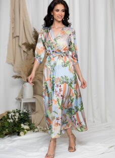 Rochie Vivi bleu cu imprimeu exotic