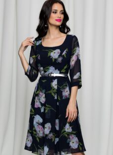 Rochie Viviana bleumarin cu imprimeu floral si curea in talie