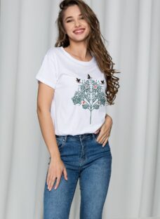 Tricou Loly alb din bumbac cu broderie la bust