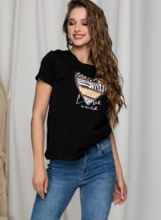 Tricou Madi negru cu imprimeu si detalii metalice