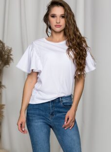 Tricou Nety alb cu dantela si volane maxi la umeri