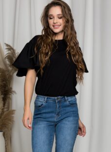Tricou Nety negru cu dantela si volane maxi la umeri