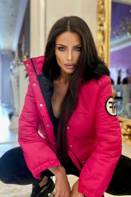 geaca de dama din fas cu gluga si blana fermoar la maneci croi bomber fucsia diva 30382 4