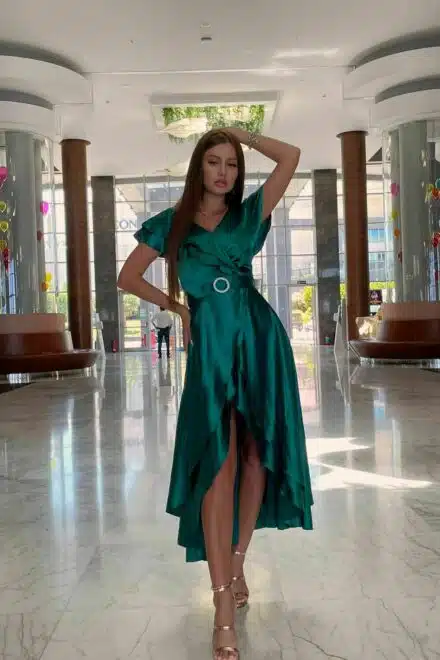 rochie de dama lunga din satin petrecuta cu volane verde 42670 4